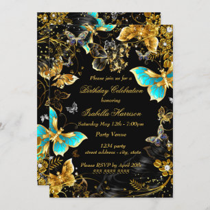 Invitation Gold Black Turquoise Butterfly Floral fête d'anniv