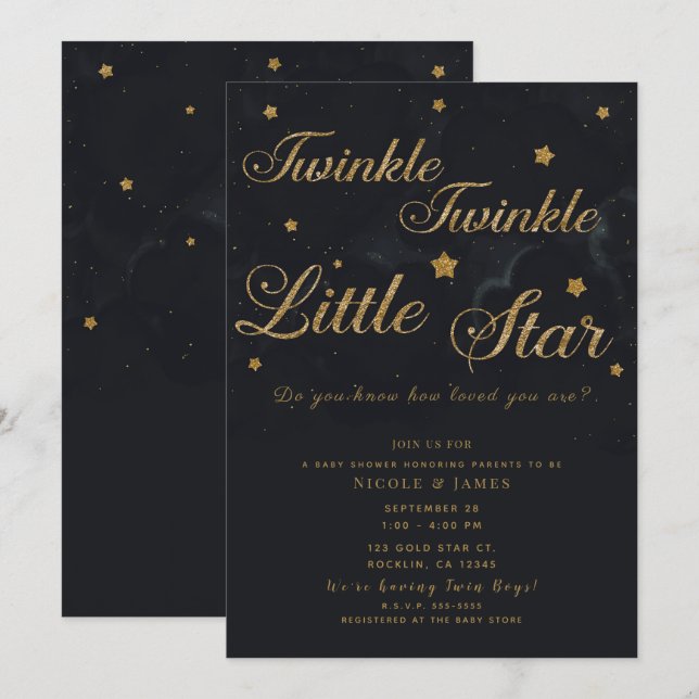 Invitation Gold Black Twinkle Stars Night Sky Baby shower (Devant / Derrière)