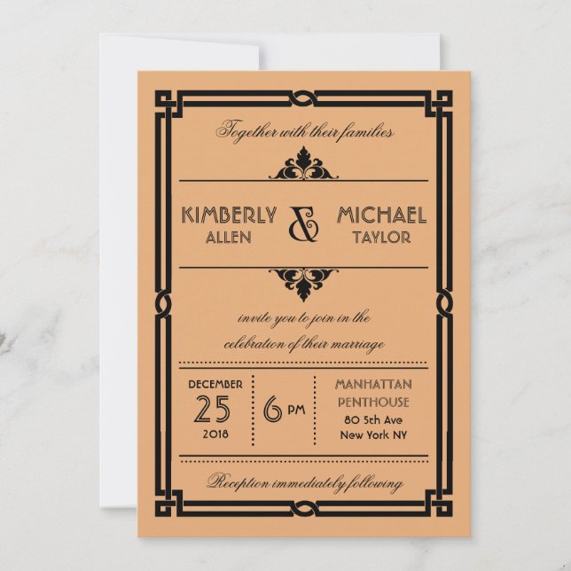 Invitation Gold Black Vintage moderne Art déco Mariage (Devant)