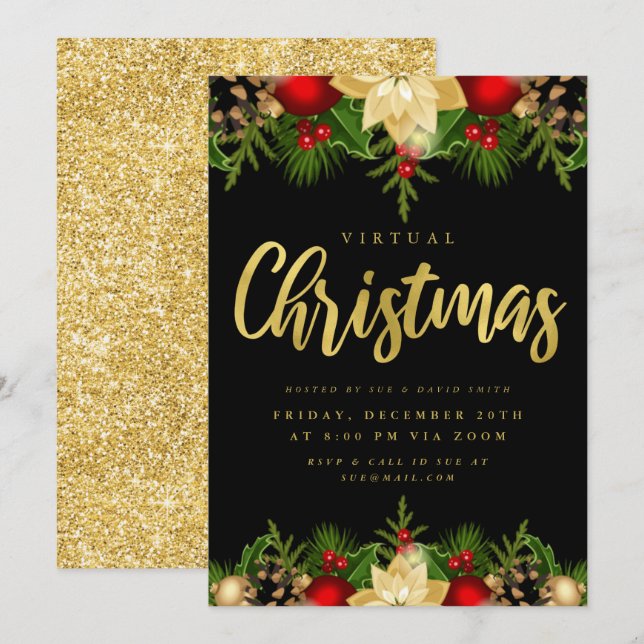 Invitation Gold Black VIRTUAL Christmas Holiday Online Party (Devant / Derrière)