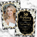 Invitation Gold Black White Damask Photo 50th Birthday<br><div class="desc">Elégante invitation à 50e anniversaire fleurie avec votre photo au verso de la carte. Design blanc noir glam avec parties scintillant d'or faux. Caractéristiques noir et blanc damask motif, rose, police de script et confetti. Parfait pour une fête anniversaire adulte élégante. Personnalisez avec vos propres détails. Peut être customisé pour...</div>