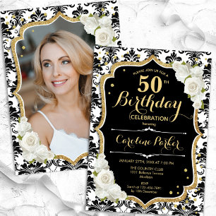 Invitation Gold Black White Damask Photo 50th Birthday