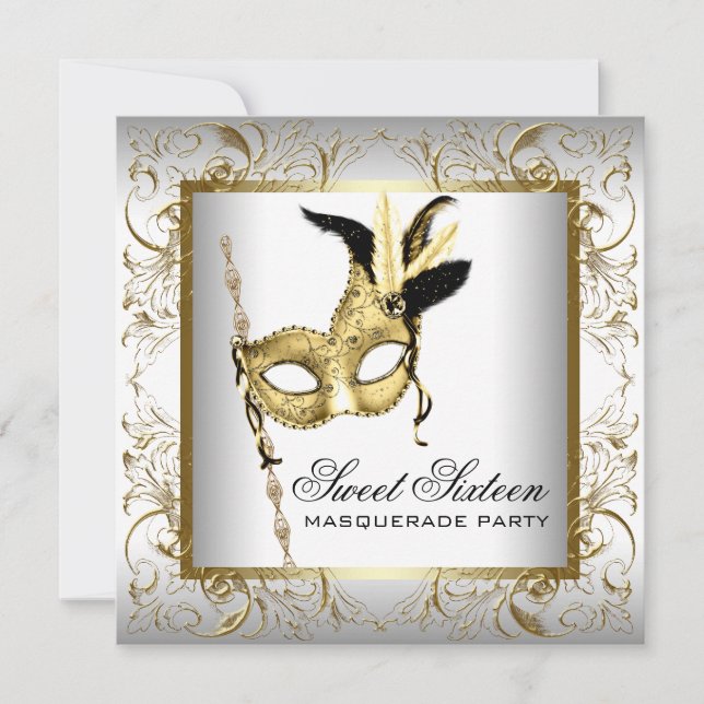 Invitation Gold Black White Sweet sixteen Masquerade Party (Devant)