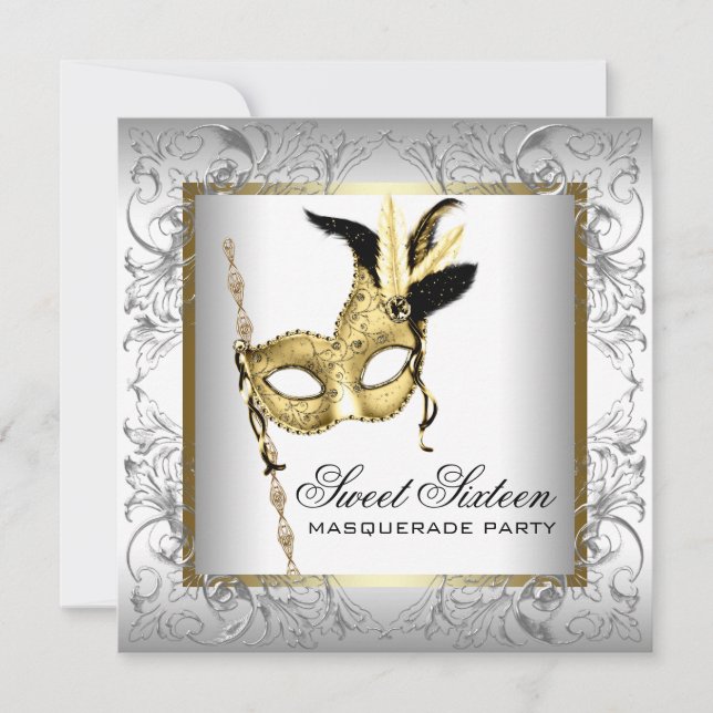 Invitation Gold Black White Sweet sixteen Masquerade Party (Devant)