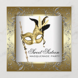 Invitation Gold Black White Sweet sixteen Masquerade Party