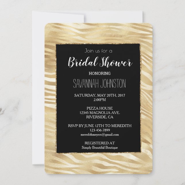Invitation Gold Black Zebra Imprimer douche nuptiale (Devant)