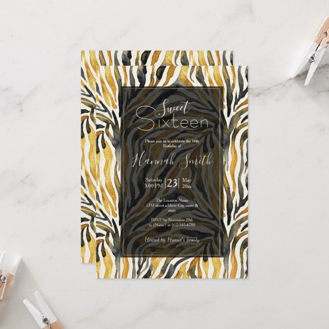 Invitation Gold Black Zebra Print Pattern (Devant/Arrière en situation)