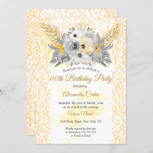 Invitation Gold Blanc gris floral Bouquet fête d'anniversaire