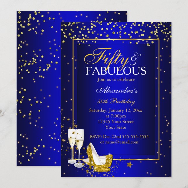 Invitation Gold Blue 50 Anniversaire Fabuleux champagne fête (Devant / Derrière)