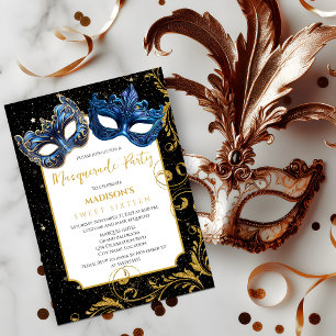 Invitation Gold Blue Anniversaire Masquerade Party