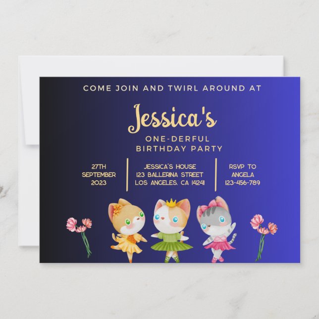 Invitation Gold Blue Ballerina Chat Anniversaire de enfant Pa (Devant)