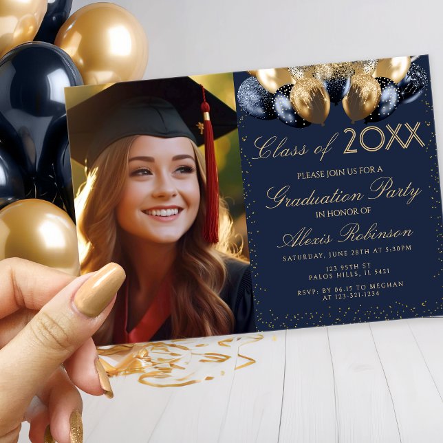 Invitation Gold blue balloons collage graduation party photo (Créateur téléchargé)