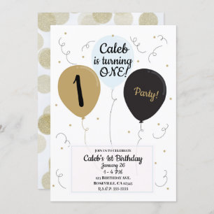 Invitation Gold Blue & Black Balloons Boys 1er anniversaire