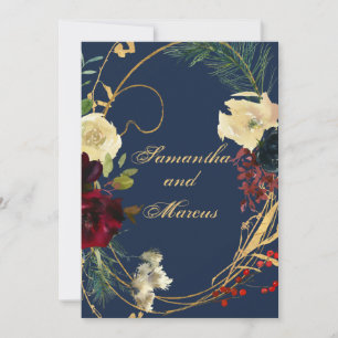 Invitation Gold Blue Burgundy Aquarelle Florale Wreath Weddin
