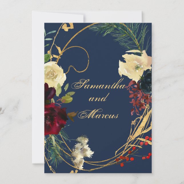 Invitation Gold Blue Burgundy Aquarelle Florale Wreath Weddin (Devant)