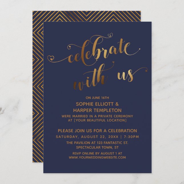 Invitation Gold Blue Celebrate avec nous Post-Mariage Event (Devant / Derrière)