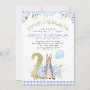 Invitation Gold Blue Floral Peter Rabbit 2e anniversaire