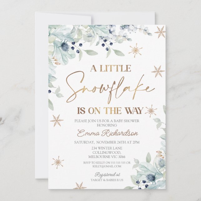 Invitation Gold Blue Floral Petit Baby shower de flocon de ne (Devant)