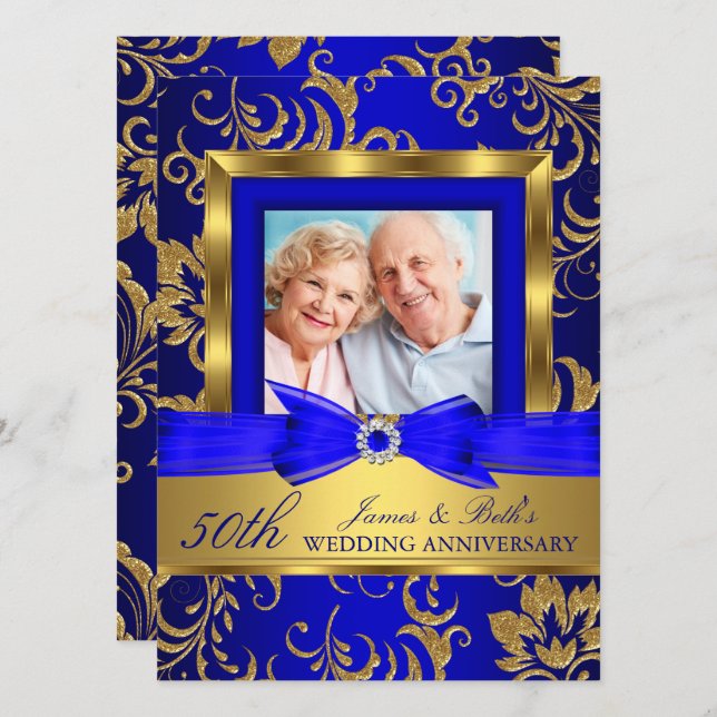 Invitation Gold Blue Floral Photo 50e anniversaire de Mariage (Devant / Derrière)