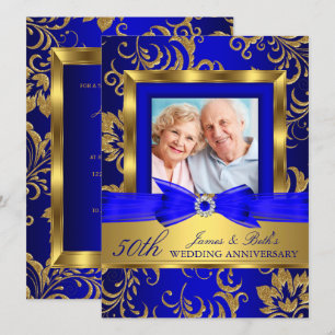 Invitation Gold Blue Floral Photo 50e anniversaire de Mariage