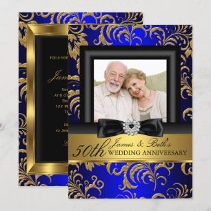 Invitation Gold Blue Floral Photo 50e anniversaire de Mariage