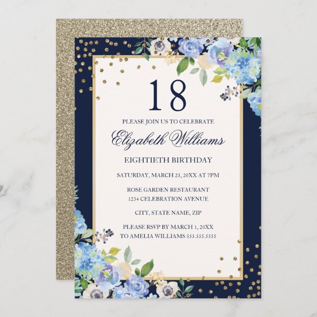 Invitation Gold Blue floral Sparkle 18e anniversaire Invitati (Devant / Derrière)