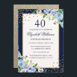 Invitation Gold Blue floral Sparkle 40e anniversaire Invitati<br><div class="desc">Plus de jolies invitations d'anniversaire florales dans le Little Bayleigh Store!</div>