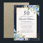 Invitation Gold Blue floral Sparkle 50e anniversaire Invitati<br><div class="desc">Plus de jolies invitations d'anniversaire florales dans le Little Bayleigh Store!</div>
