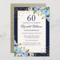 Gold Blue floral Sparkle 60e anniversaire Invitati