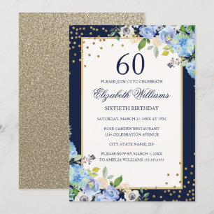 Invitation Gold Blue floral Sparkle 60e anniversaire Invitati