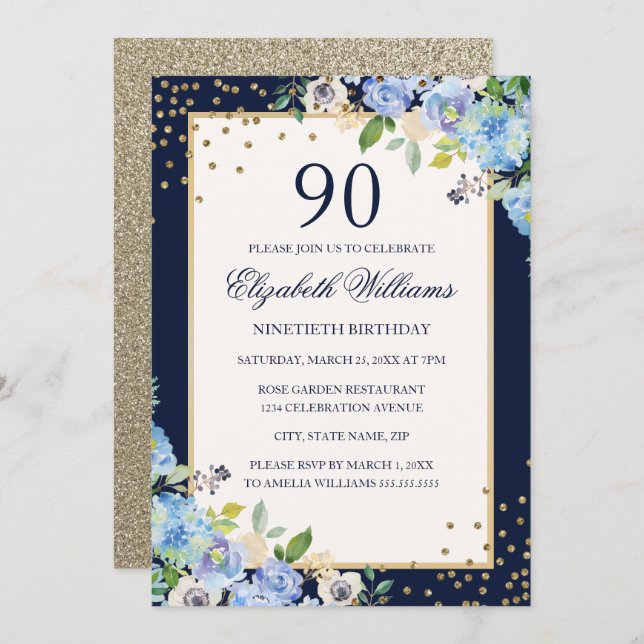 Invitation Gold Blue floral Sparkle 90e anniversaire Invitati (Devant / Derrière)