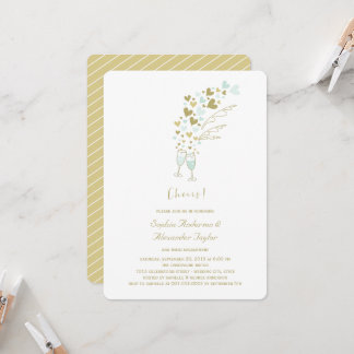 Invitation Gold Blue Hearts Champagne Cheers Fiançailles chic