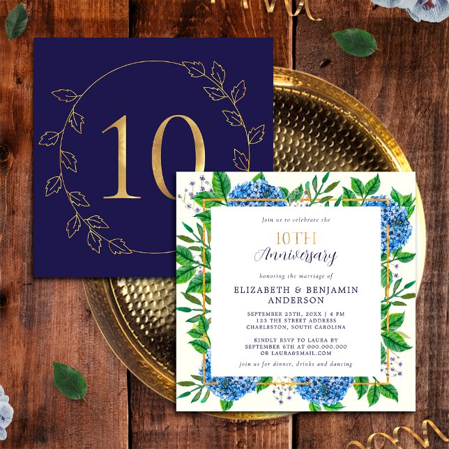 Invitation Gold Blue Hydrangea 10e anniversaire de Mariage (Front / Back)