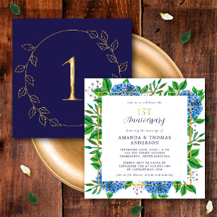 Invitation Gold Blue Hydrangea 1er anniversaire Mariage