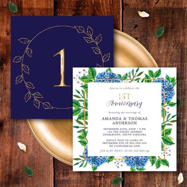 Invitation Gold Blue Hydrangea 1er anniversaire Mariage (Front / Back)