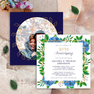 Invitation Gold Blue Hydrangea Photo 50e anniversaire de Mari