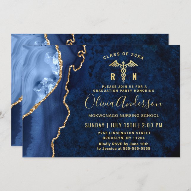 Invitation Gold Blue Nursing School Graduation Party (Devant / Derrière)