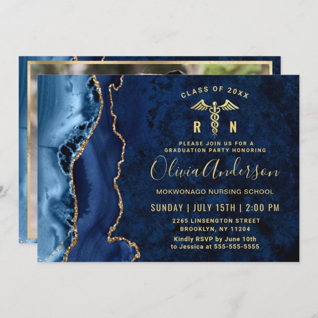 Invitation Gold Blue Nursing School Graduation Party (Devant / Derrière)