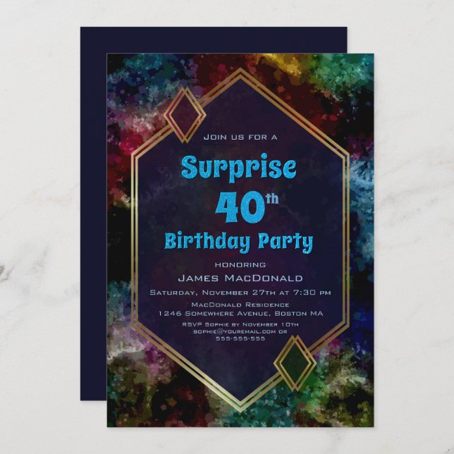 Invitation Gold Blue Parties scintillant Surprise 40e fête d' (Devant / Derrière)