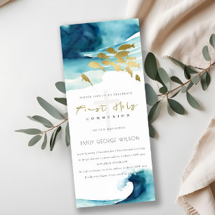 Invitation Gold Blue Poisson sous-marin Première communion sa