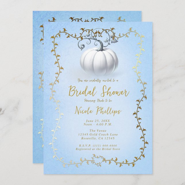 Invitation Gold Blue Storybook White Citrouille Fête des mari (Devant / Derrière)