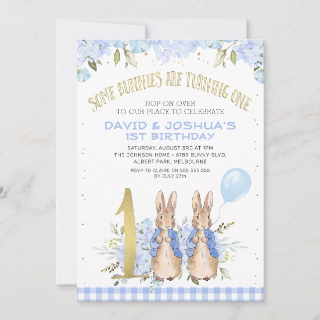 Invitation Gold Blue Twins Floral Peter Rabbit 1er anniversai (Devant)