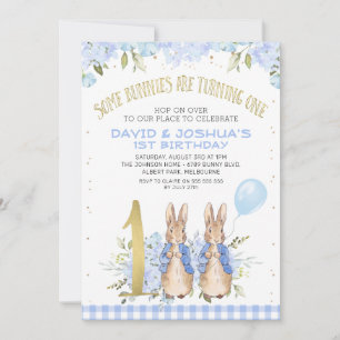 Invitation Gold Blue Twins Floral Peter Rabbit 1er anniversai