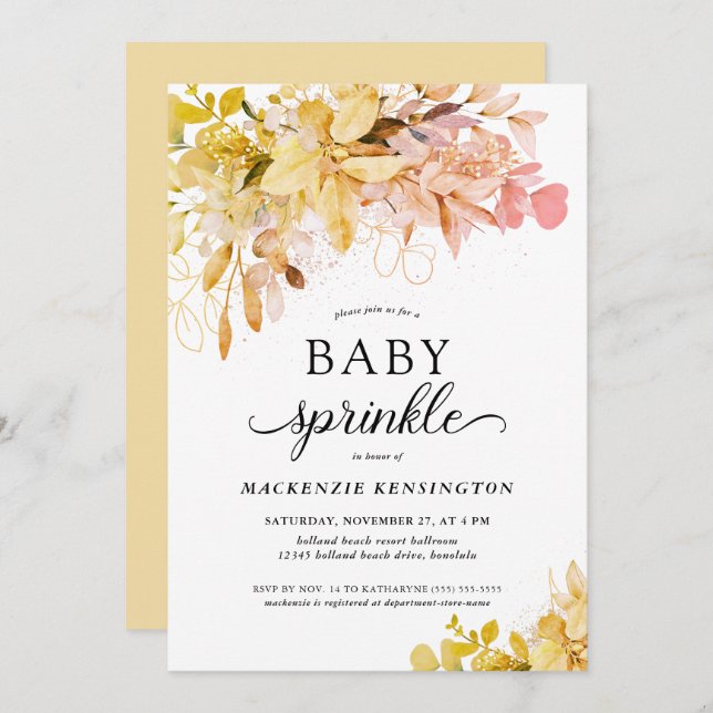 Invitation Gold Blush Autumn Botanical Baby Sprinkle (Devant / Derrière)