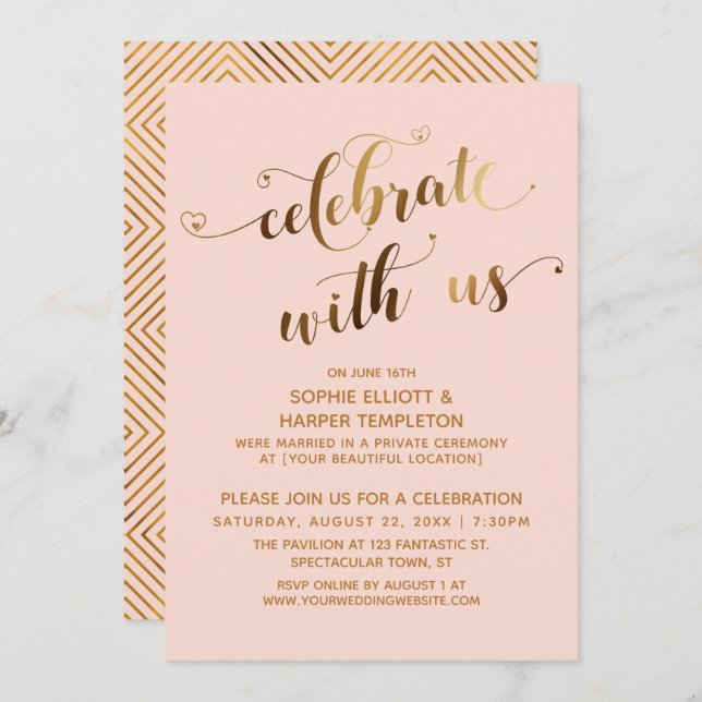 Invitation Gold & Blush fête avec nous après le mariage (Devant / Derrière)