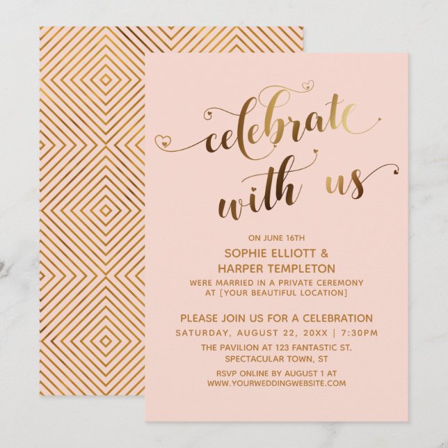 Invitation Gold & Blush Fêtez avec nous la soirée post-mariag (Devant / Derrière)