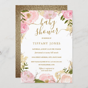 Invitation Gold Blush Floral Aquarelle Baby shower fille