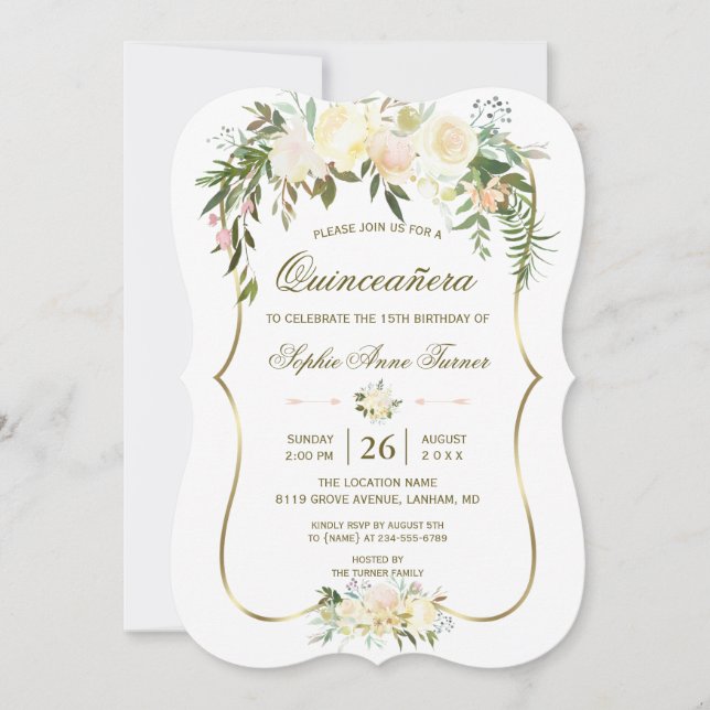Invitation Gold Blush Floral Quinceañera Anniversaire (Devant)