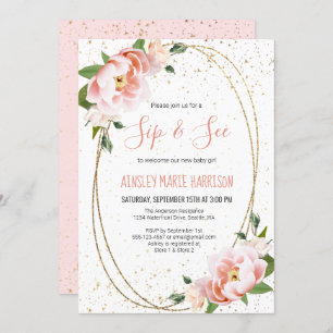 Invitation Gold Blush Floral Sip & Voir bébé fille douche