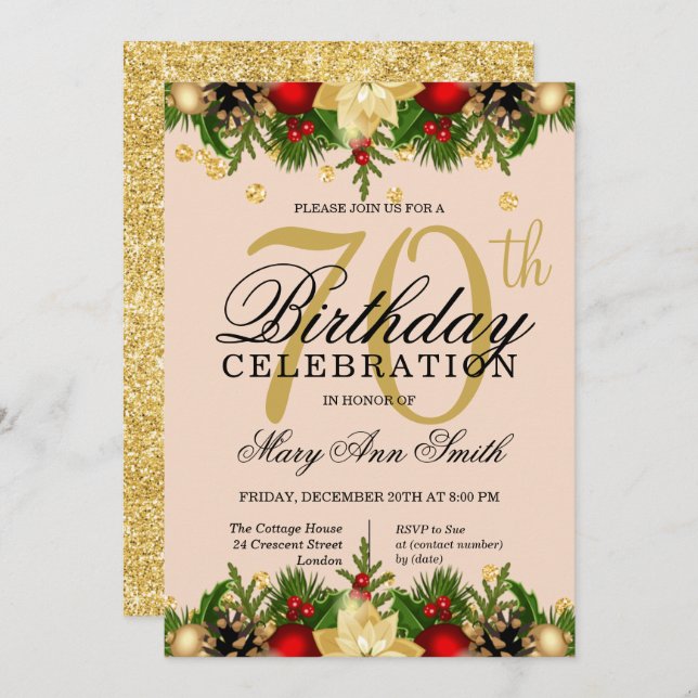 Invitation Gold & Blush Holiday Parties scintillant 70e fête  (Devant / Derrière)